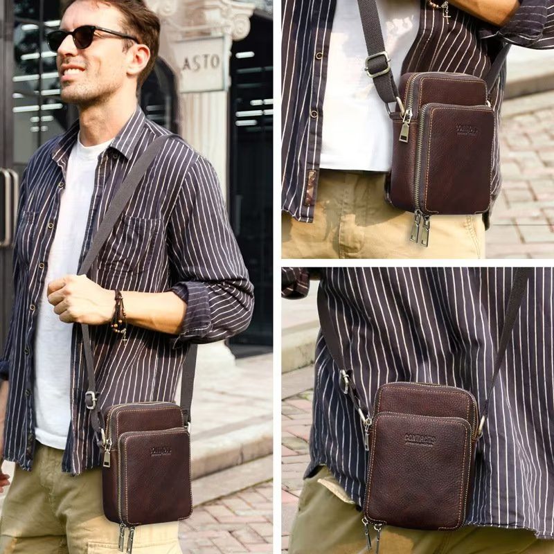 Bolsa Ombro Masculina Luxuosa Mensageiro Crossbody Coleção Crazy Horse - Café