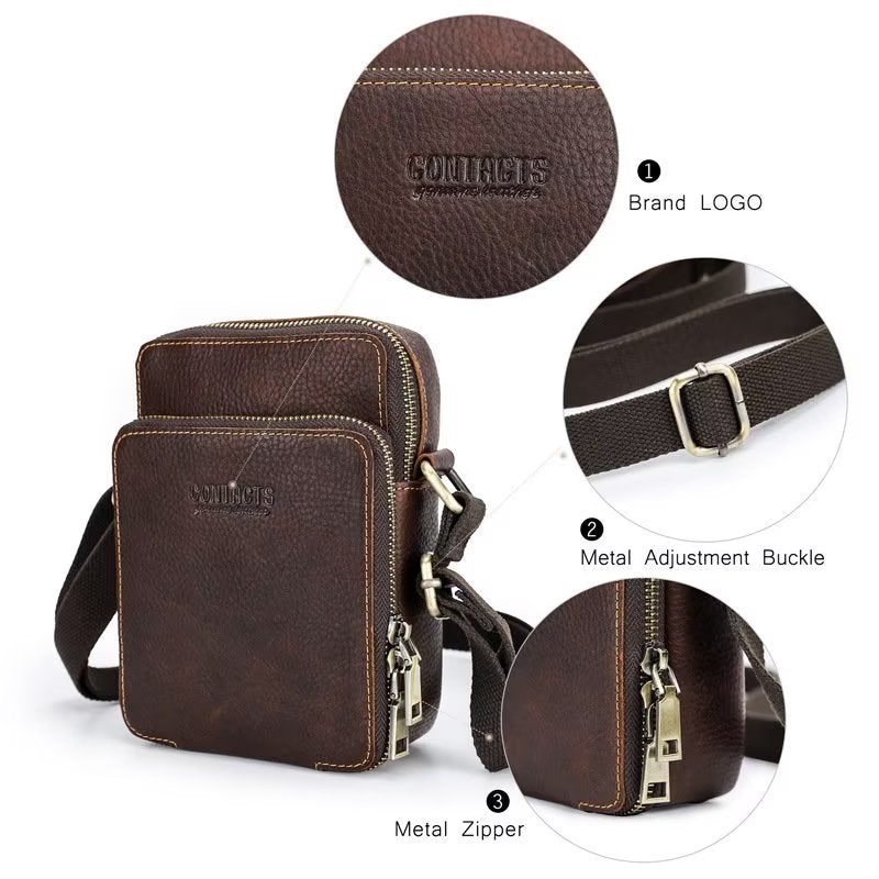 Bolsa Ombro Masculina Luxuosa Mensageiro Crossbody Coleção Crazy Horse - Café