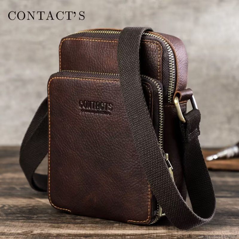 Bolsa Ombro Masculina Luxuosa Mensageiro Crossbody Coleção Crazy Horse - Café