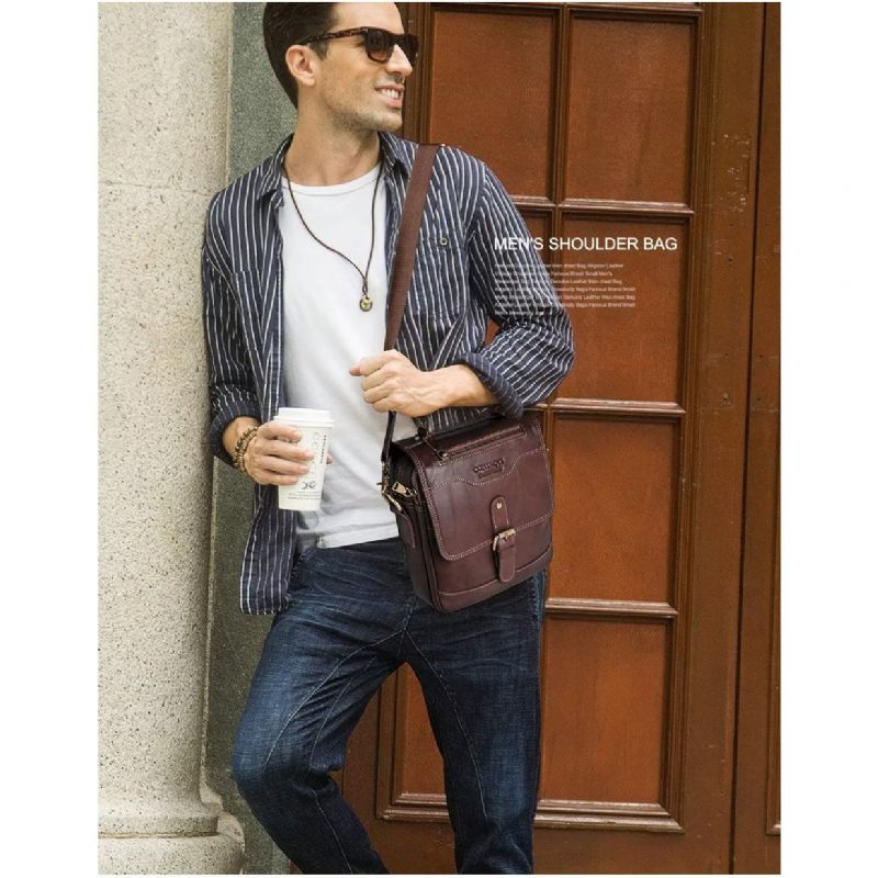 Bolsa Ombro Masculina Luxuosa Mensageiro Crossbody Coleção Robusta Cavalo Louco - Café