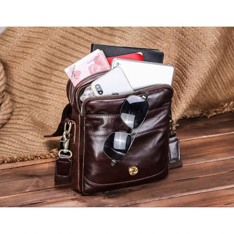 Bolsa Ombro Masculina Luxuosa Mensageiro Crossbody Coleção Robusta Cavalo Louco - Café