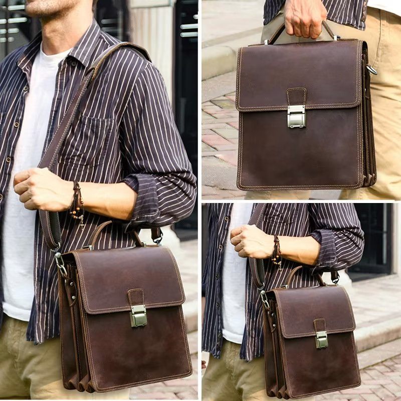 Bolsa Ombro Masculina Luxuosa Mensageiro Crossbody Coleção Vintage Crazy Horse - Café