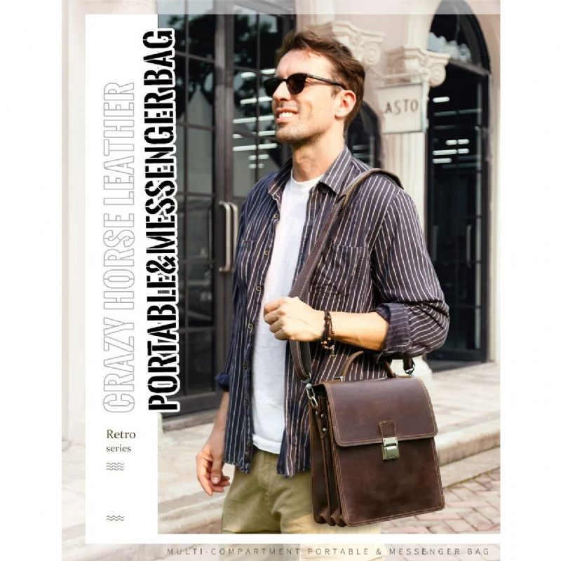 Bolsa Ombro Masculina Luxuosa Mensageiro Crossbody Coleção Vintage Crazy Horse - Café