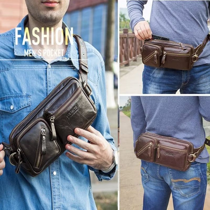 Bolsa Ombro Masculina Multifuncional Luxuosa Cintura Atlética - Café