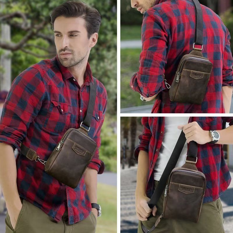 Bolsa Ombro Masculina Peito Couro Genuíno - Café