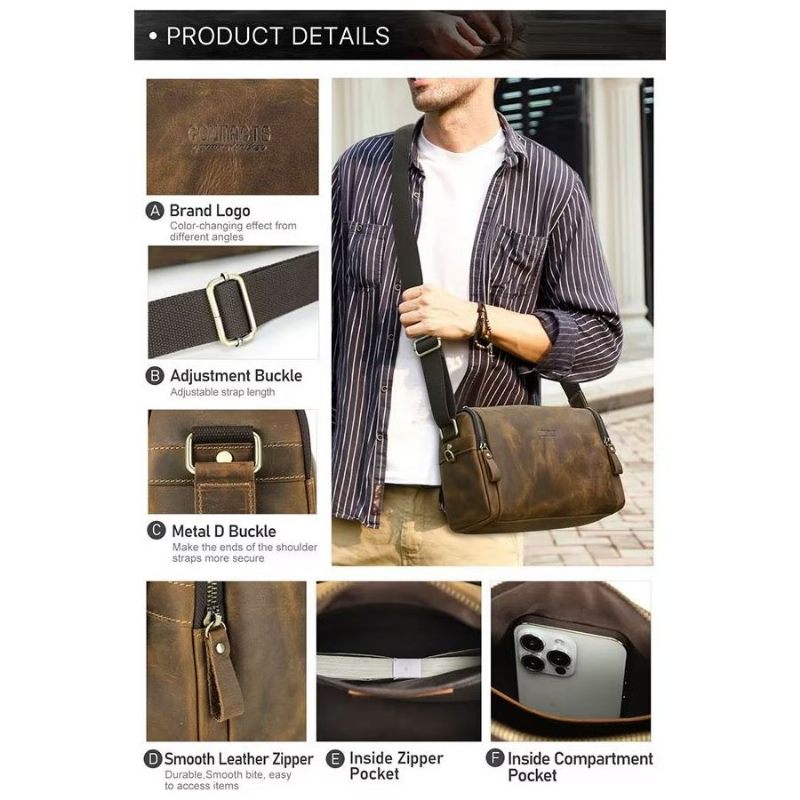 Bolsas Ombro Masculinas Bolsa Crossbody Couro Genuíno - Café