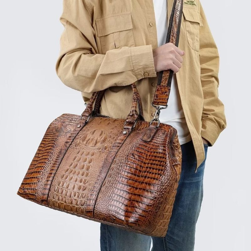 Bolsas Ombro Masculinas Couro Crocodilo Exótico Mochila Viagem - Café