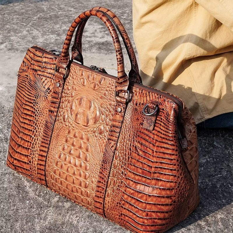 Bolsas Ombro Masculinas Couro Crocodilo Exótico Mochila Viagem - Café