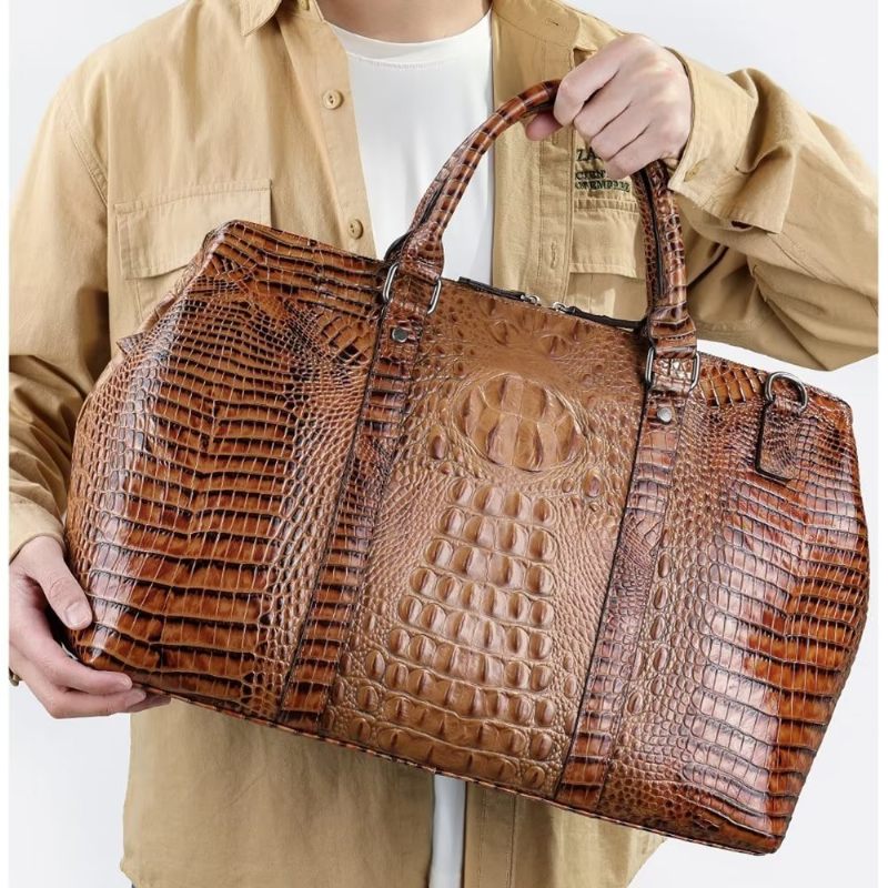 Bolsas Ombro Masculinas Couro Crocodilo Exótico Mochila Viagem - Café