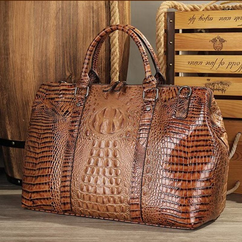 Bolsas Ombro Masculinas Couro Crocodilo Exótico Mochila Viagem - Café