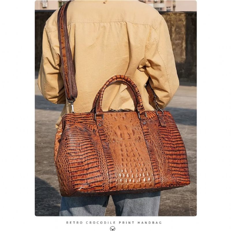 Bolsas Ombro Masculinas Couro Crocodilo Exótico Mochila Viagem - Café