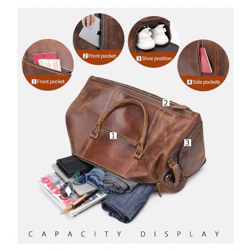 Bolsas Ombro Masculinas Deluxe Retro Couro Zipper Travel Bolsa Mensageiro - Café