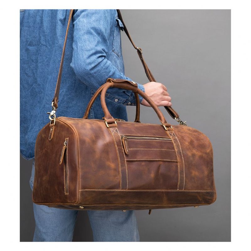 Bolsas Ombro Masculinas Deluxe Retro Couro Zipper Travel Bolsa Mensageiro - Café