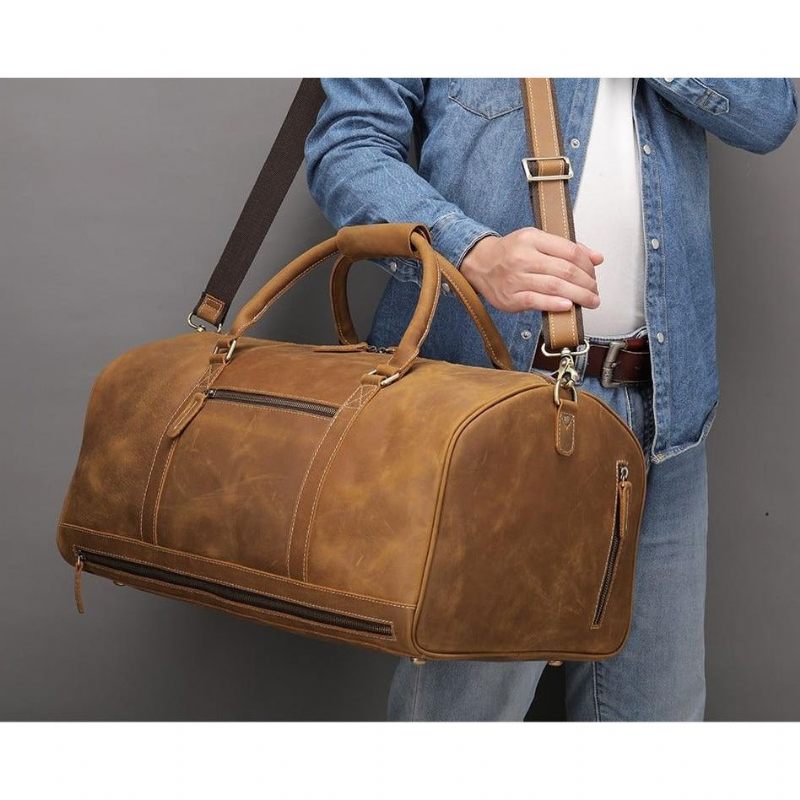 Bolsas Ombro Masculinas Deluxe Retro Couro Zipper Travel Bolsa Mensageiro - Marrom