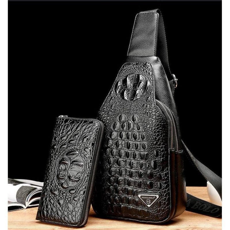 Bolsas Ombro Masculinas Exóticas Com Estampa Crocodilo E Alça Única Mochila Tipo Estilingue - Conjunto Preto