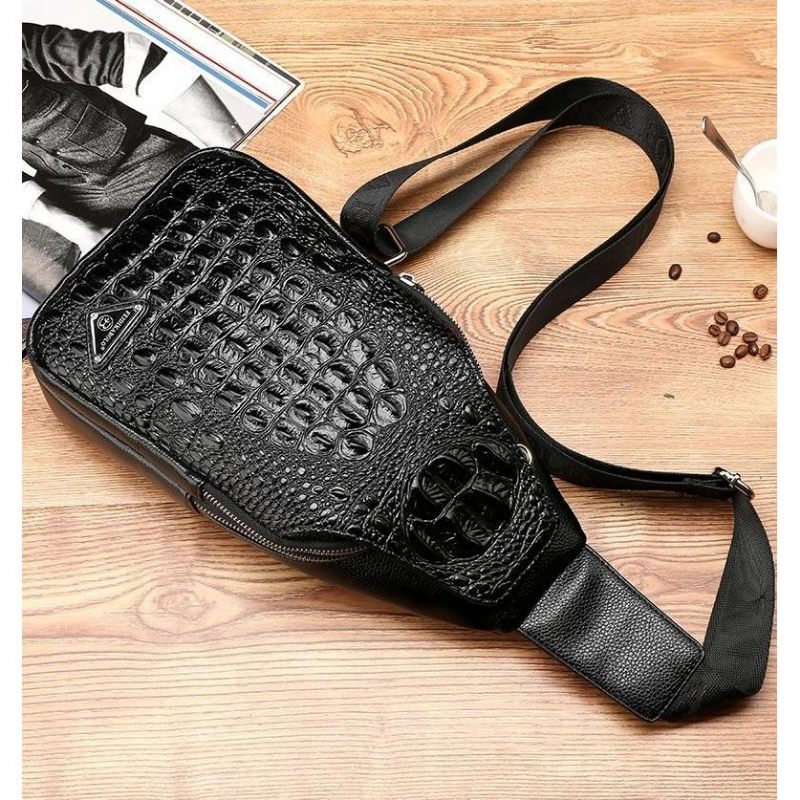 Bolsas Ombro Masculinas Exóticas Com Estampa Crocodilo E Alça Única Mochila Tipo Estilingue - Preto