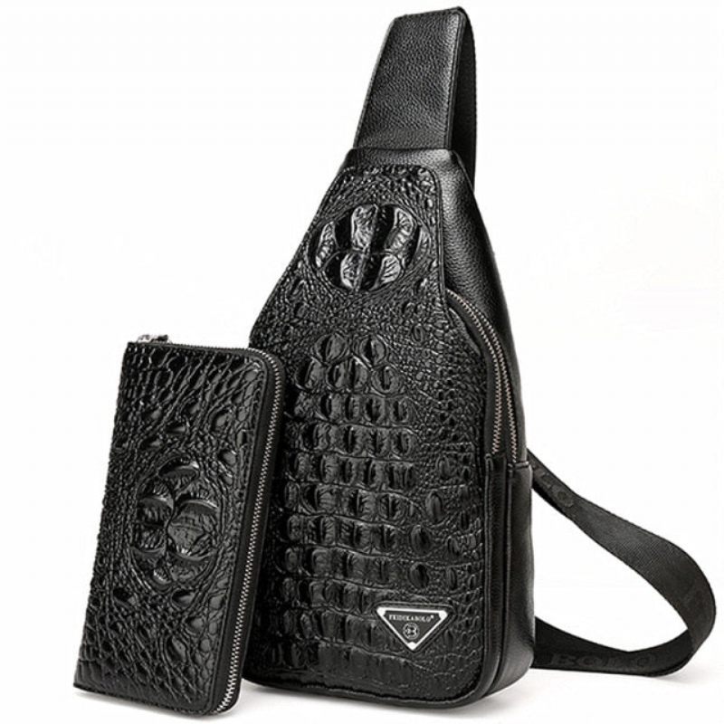 Bolsas Ombro Masculinas Exóticas Com Estampa Crocodilo E Alça Única Mochila Tipo Estilingue - Preto