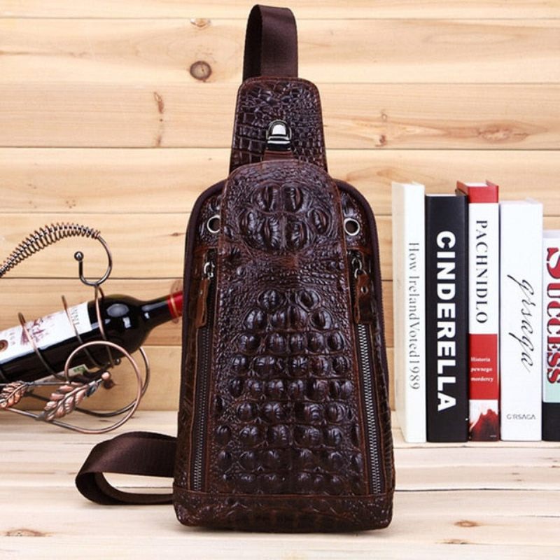 Bolsas Ombro Masculinas Luxo Couro Crocodilo Padrão Bolsa Mensageiro - Café