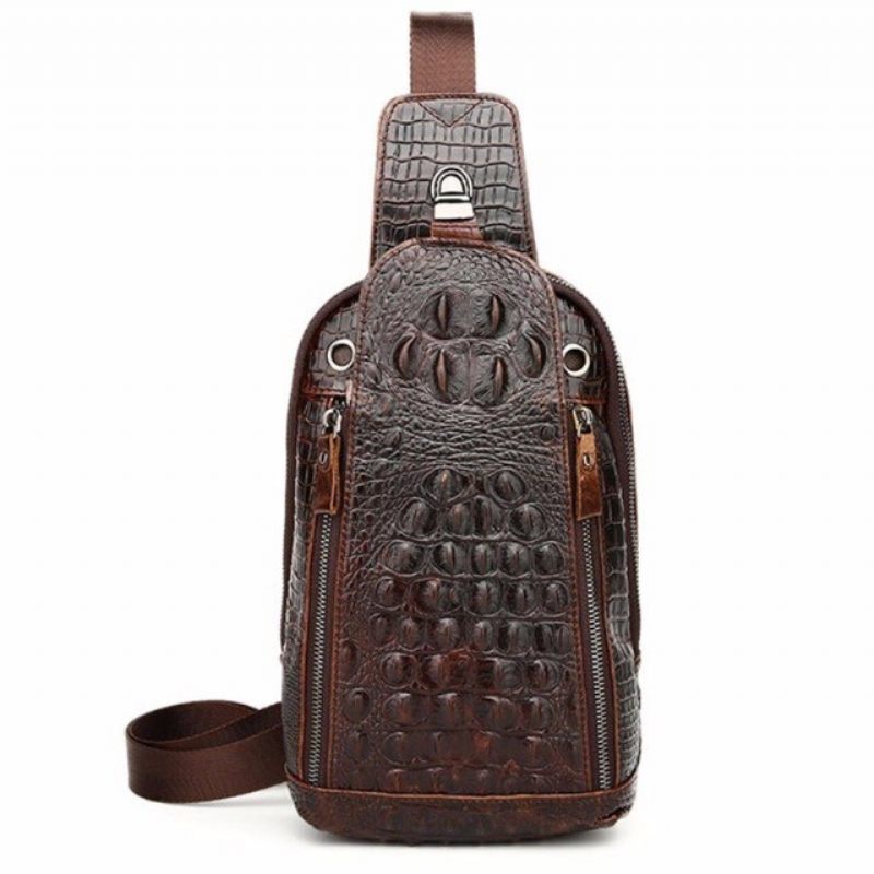 Bolsas Ombro Masculinas Luxo Couro Crocodilo Padrão Bolsa Mensageiro - Café