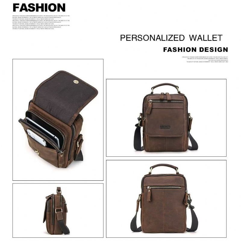 Bolsas Ombro Masculinas Luxuosas Bolsa Mensageiro Crossbody Coleção Clássica Crazy Horse - Café