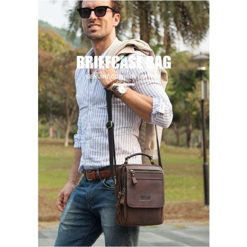 Bolsas Ombro Masculinas Luxuosas Bolsa Mensageiro Crossbody Coleção Clássica Crazy Horse - Café