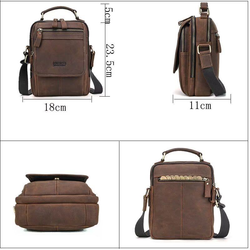 Bolsas Ombro Masculinas Luxuosas Bolsa Mensageiro Crossbody Coleção Clássica Crazy Horse - Café