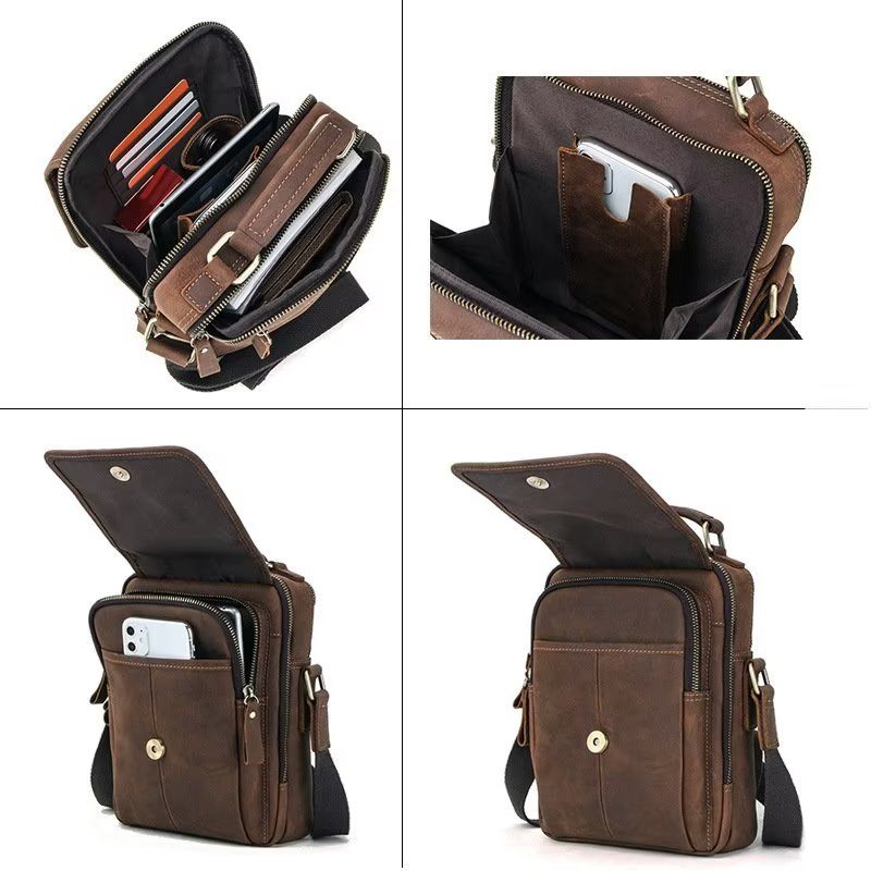 Bolsas Ombro Masculinas Luxuosas Bolsa Mensageiro Crossbody Coleção Clássica Crazy Horse - Café