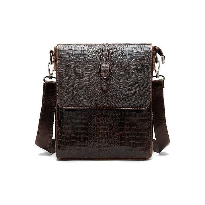 Bolsas Ombro Masculinas Luxuosas Couro Crocodilo Com Aba E Zíper Bolsa Mensageiro Crossbody - Café