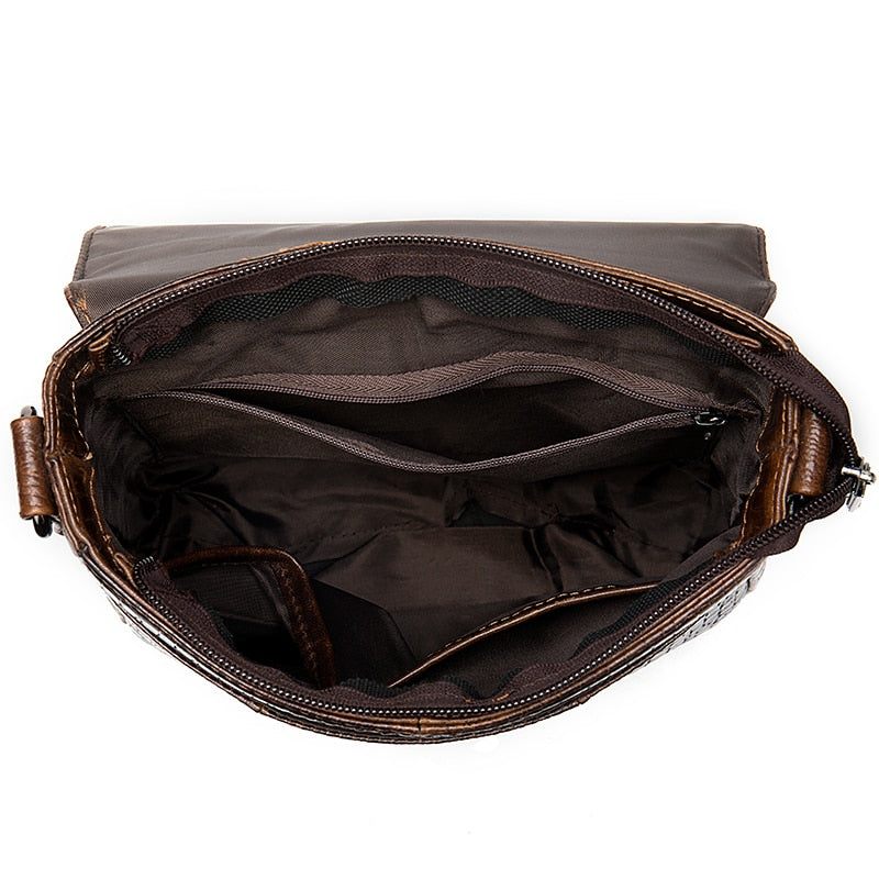 Bolsas Ombro Masculinas Luxuosas Couro Crocodilo Com Aba E Zíper Bolsa Mensageiro Crossbody - Café