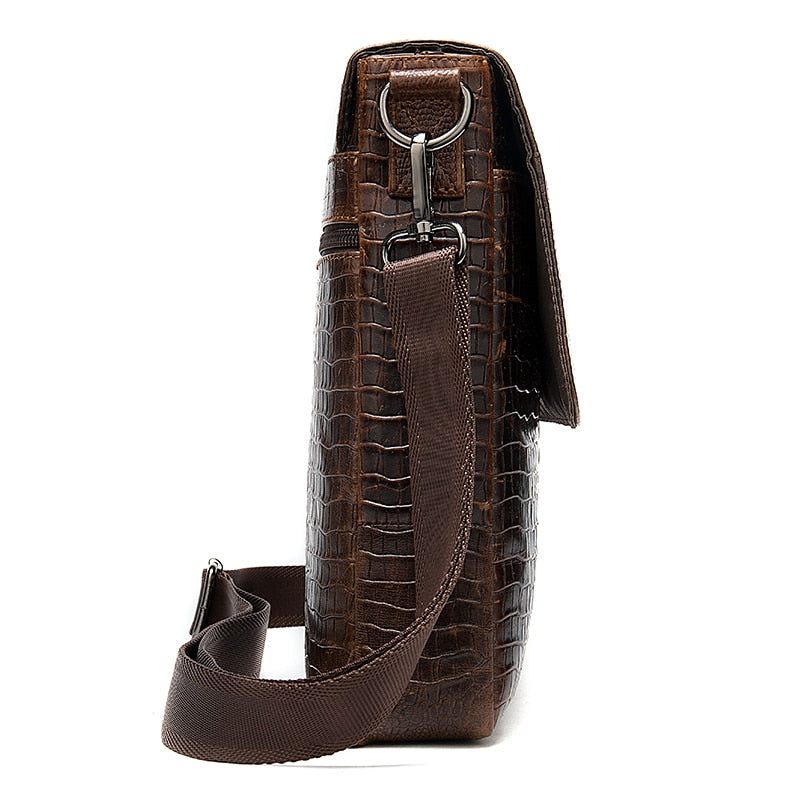 Bolsas Ombro Masculinas Luxuosas Couro Crocodilo Com Aba E Zíper Bolsa Mensageiro Crossbody - Café