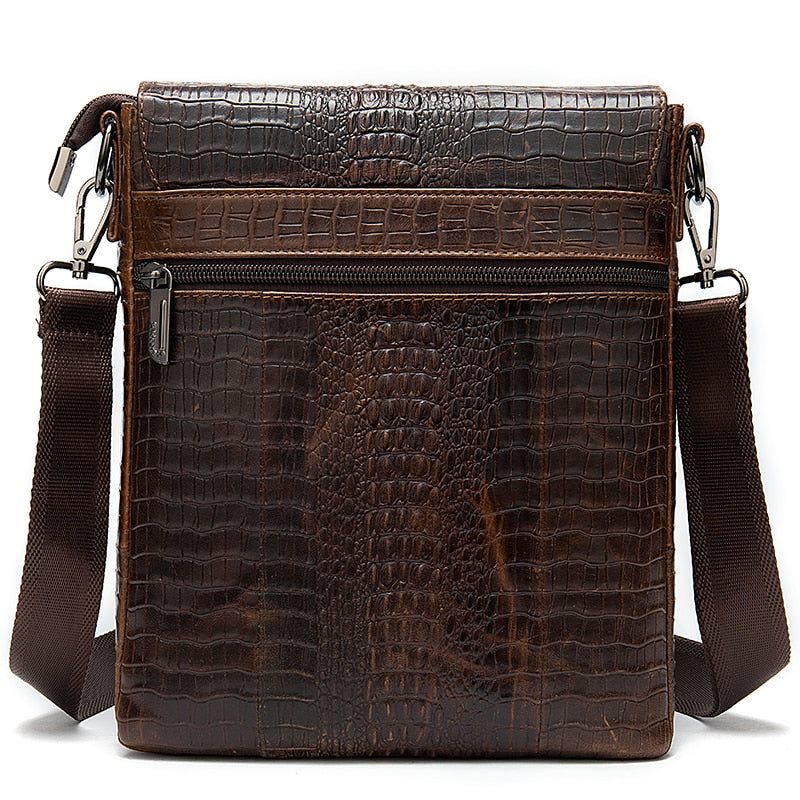 Bolsas Ombro Masculinas Luxuosas Couro Crocodilo Com Aba E Zíper Bolsa Mensageiro Crossbody - Café