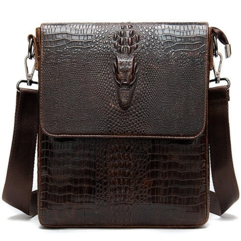 Bolsas Ombro Masculinas Luxuosas Couro Crocodilo Com Aba E Zíper Bolsa Mensageiro Crossbody - Café