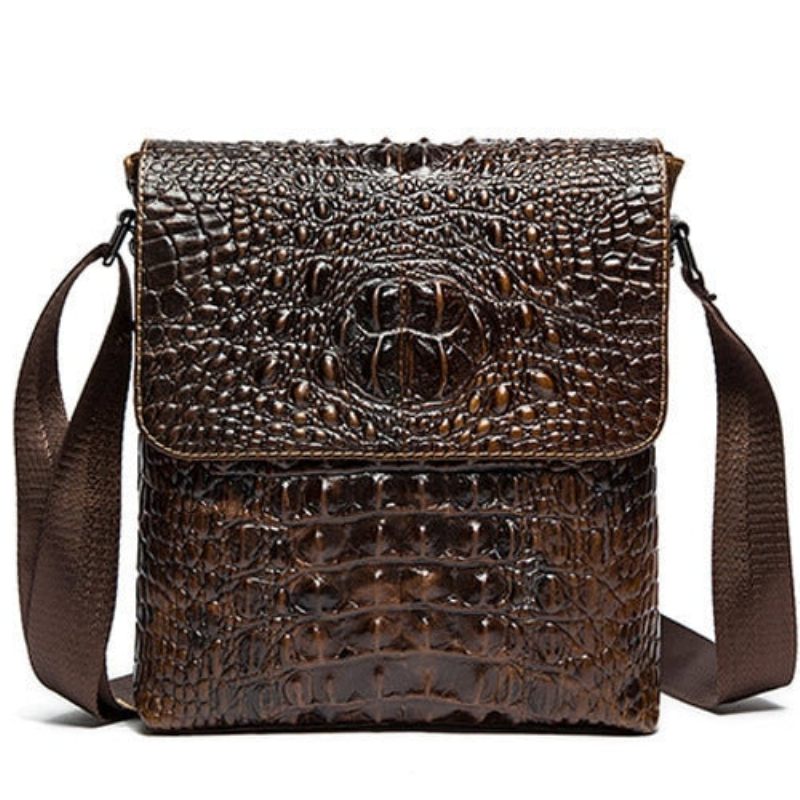 Bolsas Ombro Masculinas Luxuosas Couro Crocodilo Com Aba E Zíper Bolsa Mensageiro Crossbody - Café 2