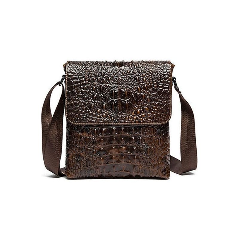 Bolsas Ombro Masculinas Luxuosas Couro Crocodilo Com Aba E Zíper Bolsa Mensageiro Crossbody - Café 2