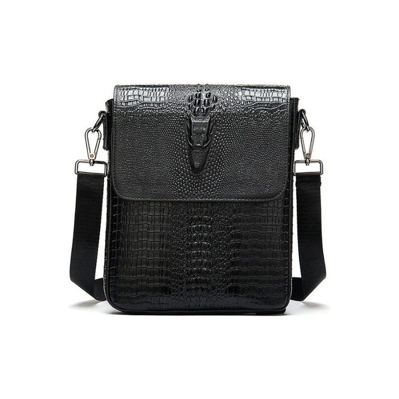 Bolsas Ombro Masculinas Luxuosas Couro Crocodilo Com Aba E Zíper Bolsa Mensageiro Crossbody - Preto