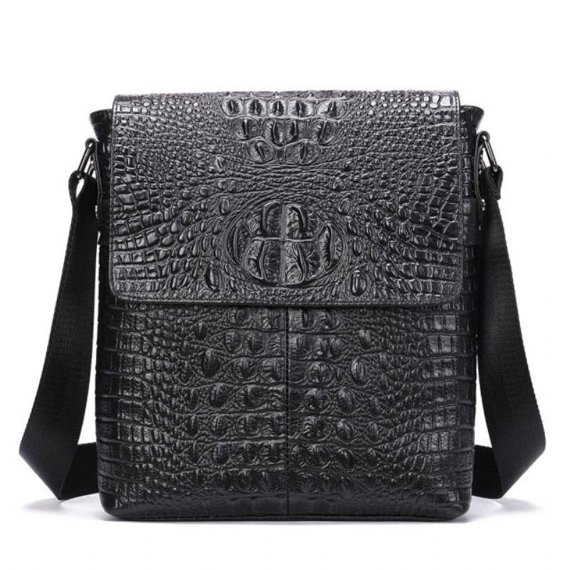 Bolsas Ombro Masculinas Luxuosas Couro Crocodilo Com Aba E Zíper Bolsa Mensageiro Crossbody - Preto 2