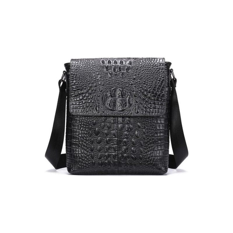 Bolsas Ombro Masculinas Luxuosas Couro Crocodilo Com Aba E Zíper Bolsa Mensageiro Crossbody - Preto 2