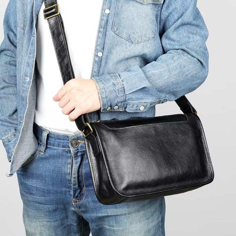 Bolsas Ombro Masculinas Luxuosas Couro Genuíno Com Aba Clássica Bolsa Crossbody - Preto