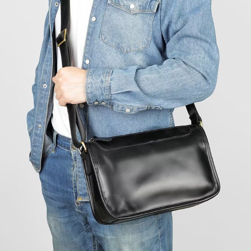 Bolsas Ombro Masculinas Luxuosas Couro Genuíno Com Aba Clássica Bolsa Crossbody - Preto