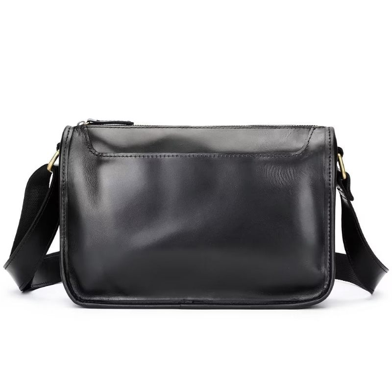 Bolsas Ombro Masculinas Luxuosas Couro Genuíno Com Aba Clássica Bolsa Crossbody - Preto