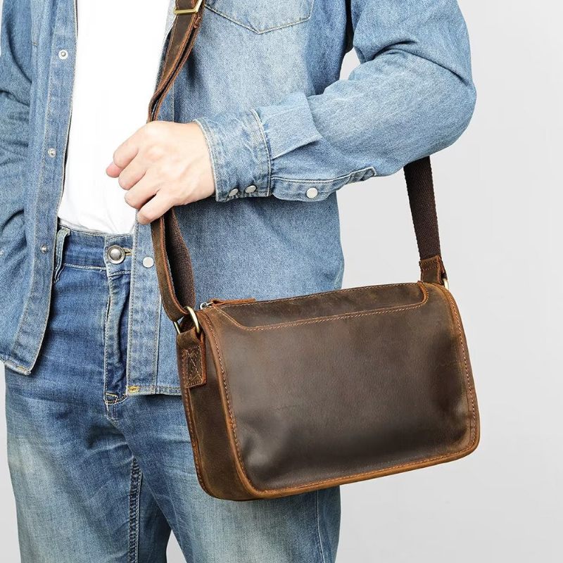 Bolsas Ombro Masculinas Luxuosas Couro Genuíno Com Aba Clássica Bolsa Crossbody - Café