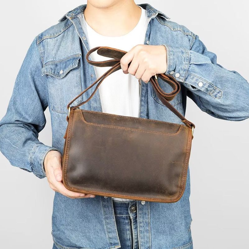 Bolsas Ombro Masculinas Luxuosas Couro Genuíno Com Aba Clássica Bolsa Crossbody - Café