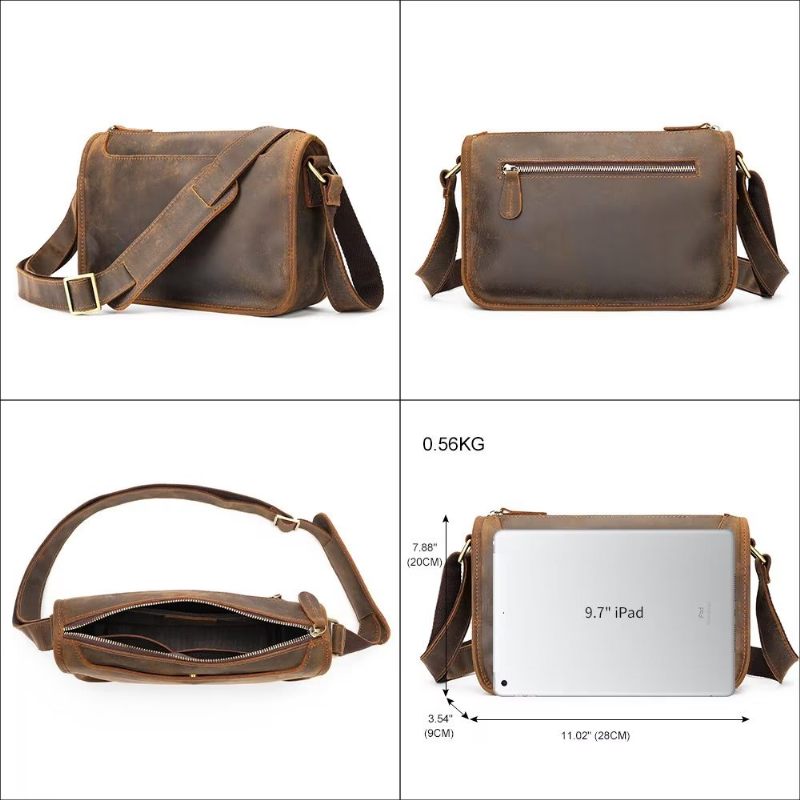 Bolsas Ombro Masculinas Luxuosas Couro Genuíno Com Aba Clássica Bolsa Crossbody - Café