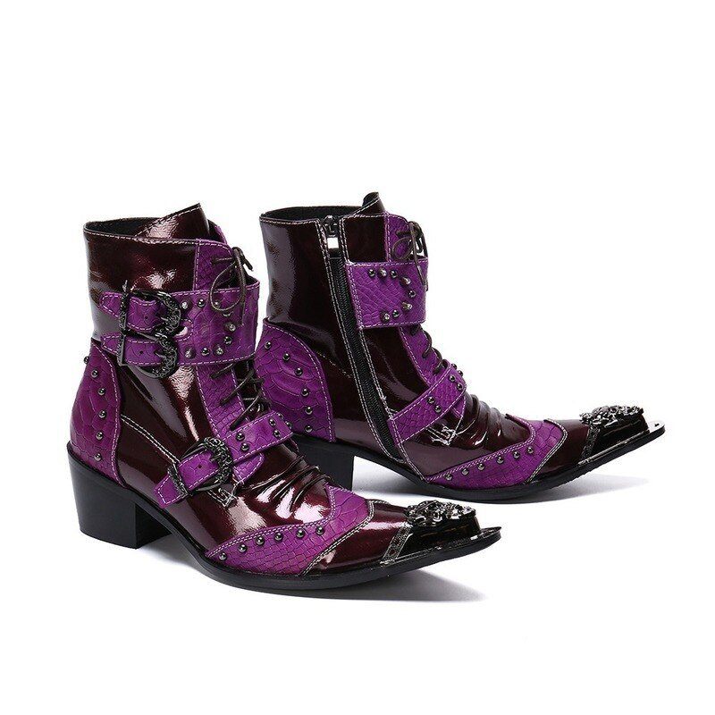 Botas Masculinas Bordadas Em Couro Mocassins - Roxo