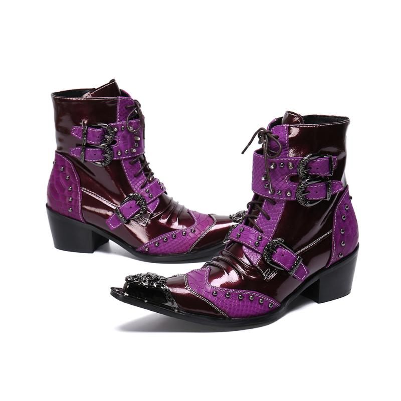 Botas Masculinas Bordadas Em Couro Mocassins - Roxo