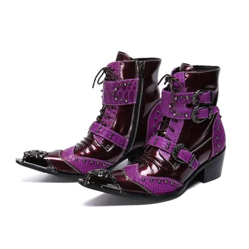 Botas Masculinas Bordadas Em Couro Mocassins - Roxo