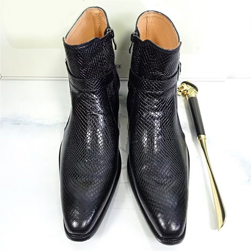 Botas Masculinas Cano Curto Genuínas Com Bico Pontiagudo - Preto