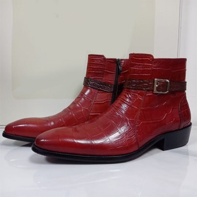 Botas Masculinas Cano Curto Genuínas Com Bico Pontiagudo - Vermelho