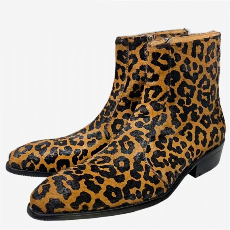 Botas Masculinas Cano Curto Genuínas Com Bico Pontiagudo - Leopardo