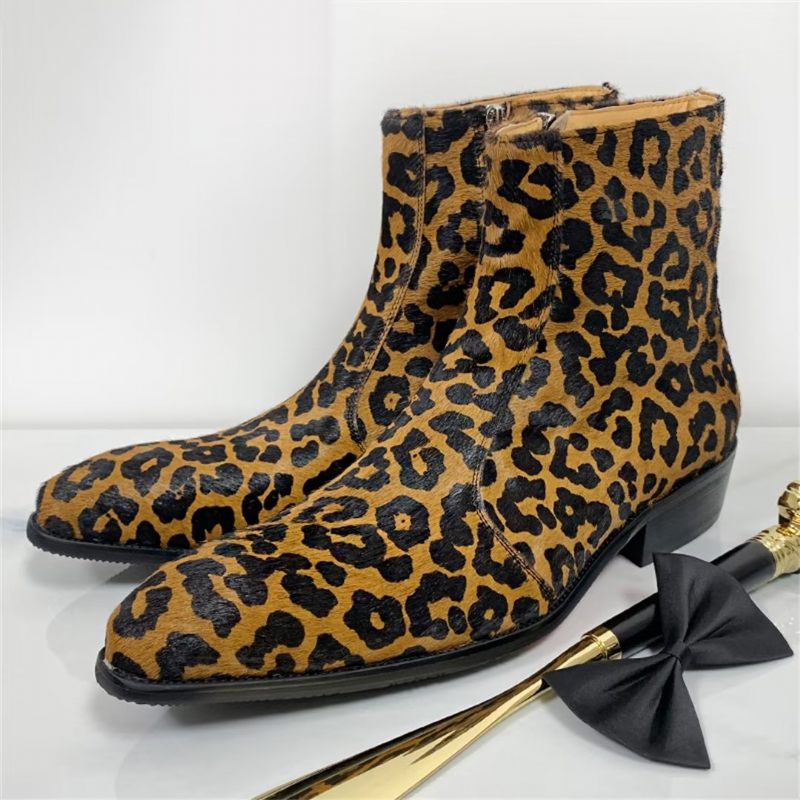 Botas Masculinas Cano Curto Genuínas Com Bico Pontiagudo - Leopardo